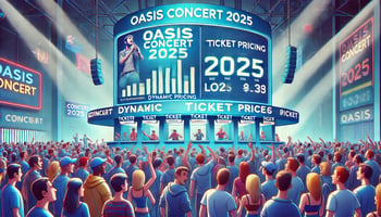 An illustration showing an animated scene of a bustling concert ticket booth with a large digital screen displaying 'Oasis Concert 2025' and fluctuating ticket prices.